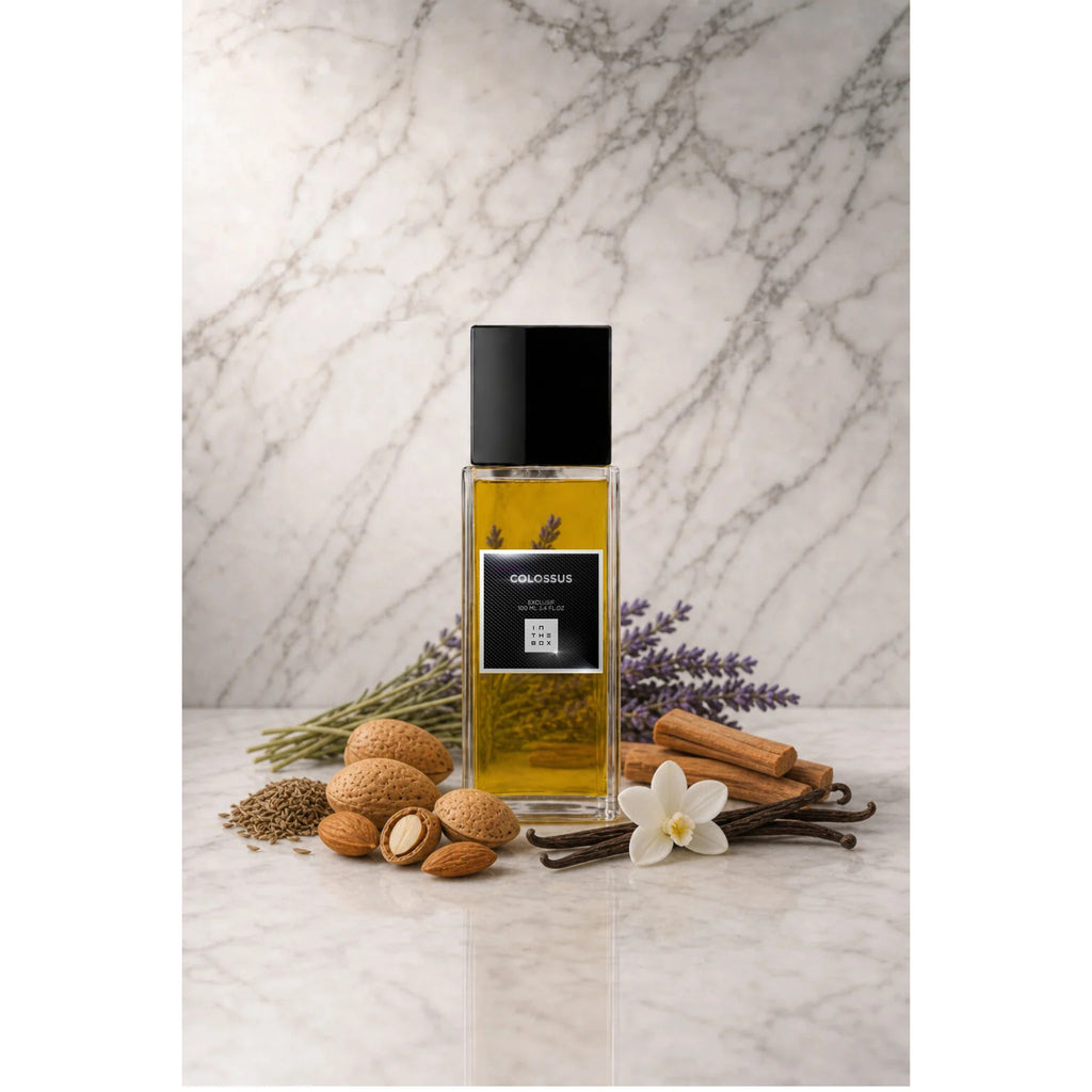 Frasco retangular do perfume Colossus In The Box, com líquido âmbar, tampa preta e rótulo escuro, sobre superfície clara com fundo de mármore. Ao redor, amêndoas, lavanda, baunilha e madeira.