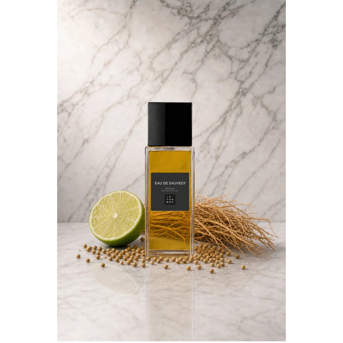 Frasco retangular do perfume Eau De Sauvery In The Box, com líquido âmbar, tampa preta e rótulo escuro, sobre superfície clara com fundo de mármore. Ao redor, limão verde, raízes e grãos claros.
